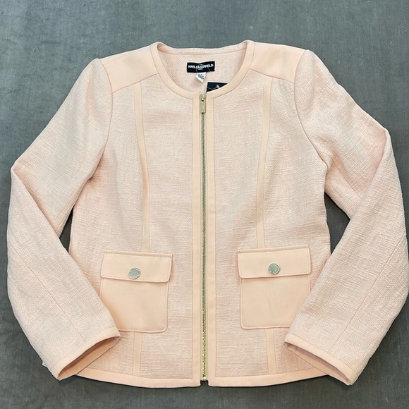 NWT Karl Lagerfeld Pink Sherbet Textured Knit Front Zipper LS Blazer Coat Size 8 - Picture 1 of 6